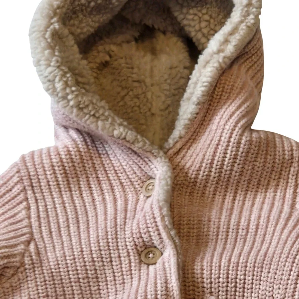 Baby Gap Pink Hooded Knit Jacket Sherpa Lined 3-6 Months